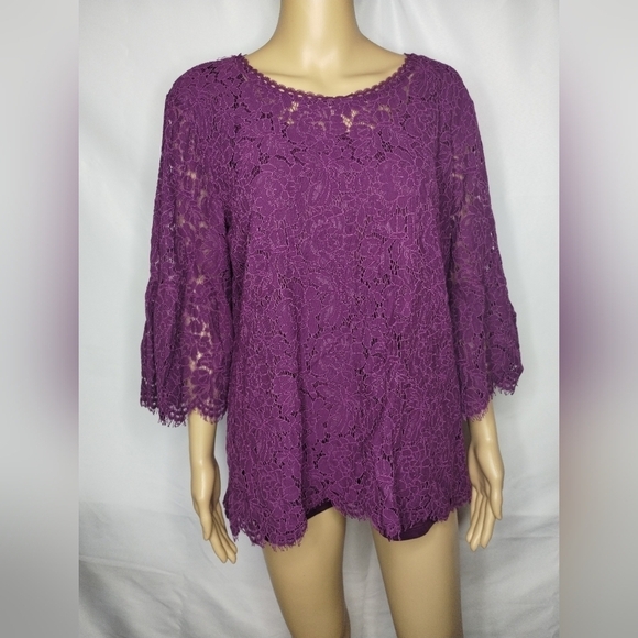 Isaac Mizra Live! Purple women's size large lace layered long sleeve blouse - Picture 1 of 9